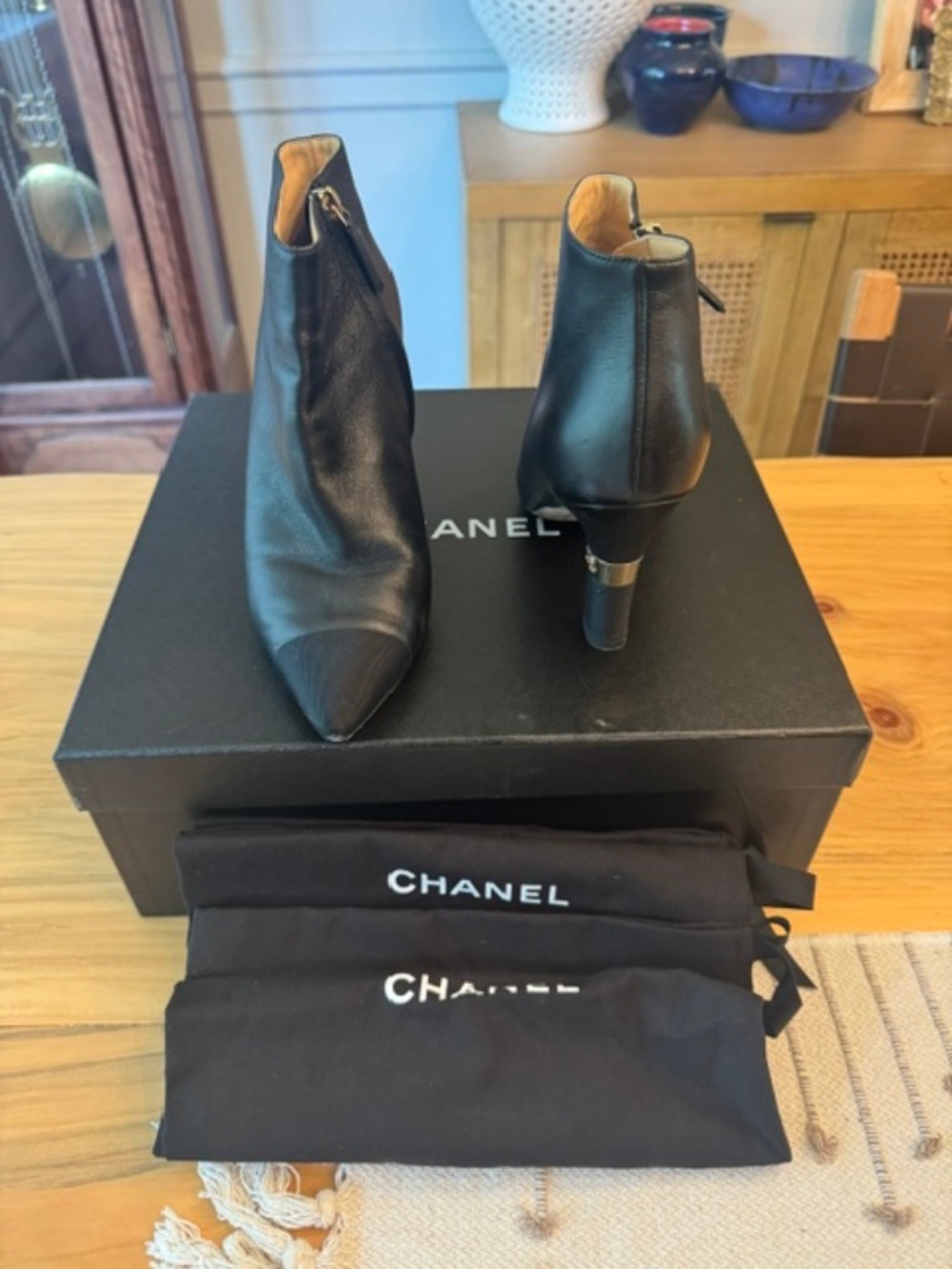 CHANEL Black Leather Pointed Toe Ankle Boots CC Logo Heel Size 37 Box Dust Bags